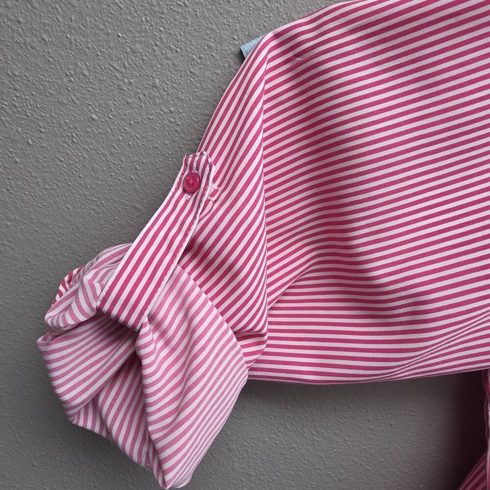 Notations Shirt Womens 2X Pink White Stripe Button Front Roll Tab Sleeves Blouse - Picture 4 of 10